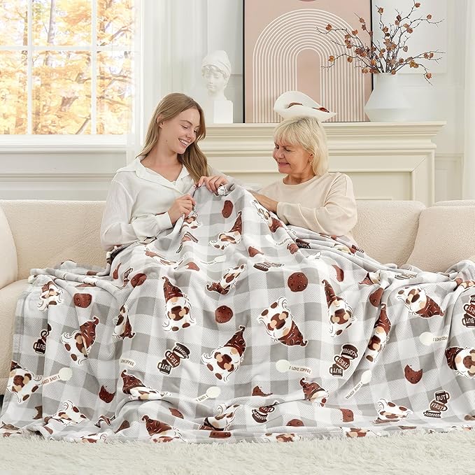 Cozy Bliss Gnome Coffee Throw Blanket - Warm MilkyPlush Throw Blankets,Ultra Soft Cozy Blankets for Couch,Sofa and Bed,Grey,60X80inches