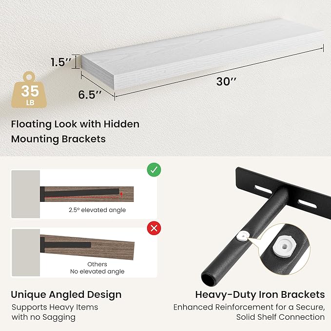 Fun Memories Rustic Floating Wall Shelves, Wall Mounted Wood Storage & Display Shelves for Bathroom, Bedroom, Living Room or Kitchen, (Set of 2, White, 30 in)