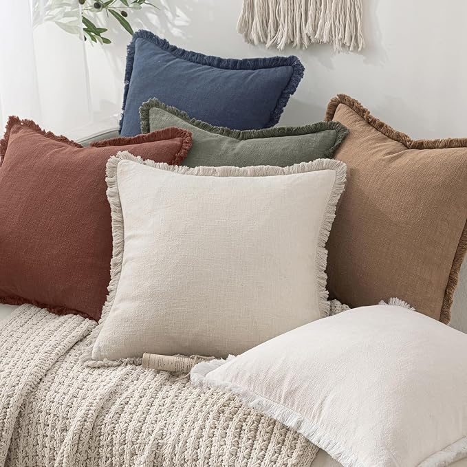 MIULEE Decorative Throw Pillow Covers Neutral Linen Fringe Throw Pillows Set of 2 Autumn Glaze Boho Farmhouse Cushion Covers with Tassels for Couch Sofa Bed Living Room Fall Decor 18x18 Inch