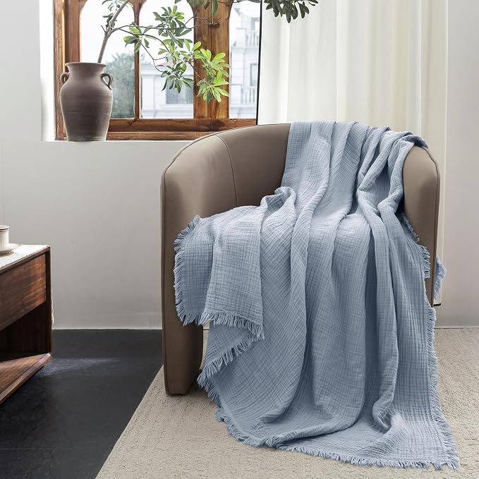 FOSSA Muslin Blanket 4-Layer 100% Cotton Gauze Blanket with Fringe 90"x90" | Super Soft Breathable Lightweight All Season & Decorative Blanket or Bed, Sofa, Office (Cornflower Blue,Queen)