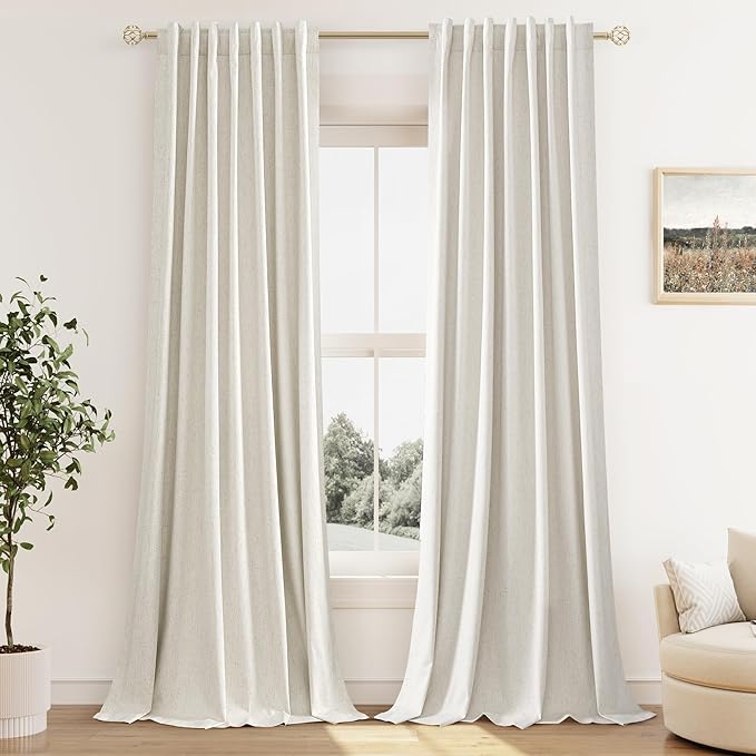 Guken Cream 100% Blackout Linen Curtains 96 Inch Length 2 Panels Set for Living Room Bedroom Back Tab Thermal Insulated Black Out Drapes Room Darkening Window Curtains Ivory Natural