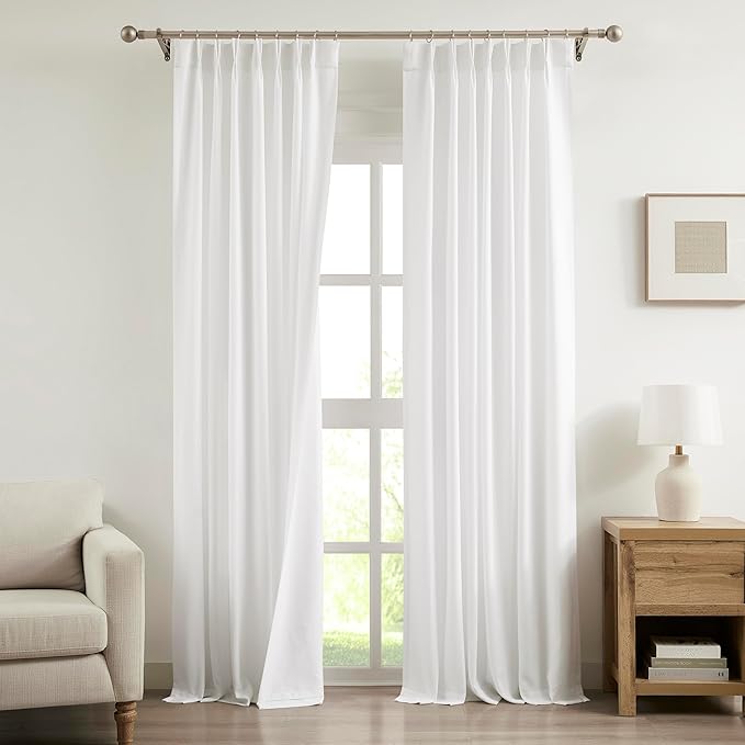 Vision Home White Pinch Pleated Light Filtering Curtains with Microfiber Liner 108 inch Privacy Drapes for Living Room Bedroom Back Tabs with Hooks 2 Panels 40" Wx108 L