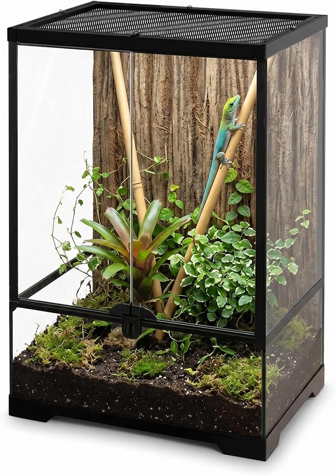 12"x12"x18" Reptile Terrarium, Aluminum-Frame Glass Vivarium for Small Day Geckos Such as Neon Day Geckos, with Lock, Cable Port, Waterproof Deep Base