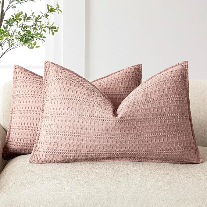 Foindtower Set of 2 Decorative Cotton Waffle Weave Lumbar Throw Pillow Covers Euro Shams Cushion Covers Accent European Pillowcase for Bed Couch Bedroom Living Room Home Decor 12×20 Inch Dusty Pink