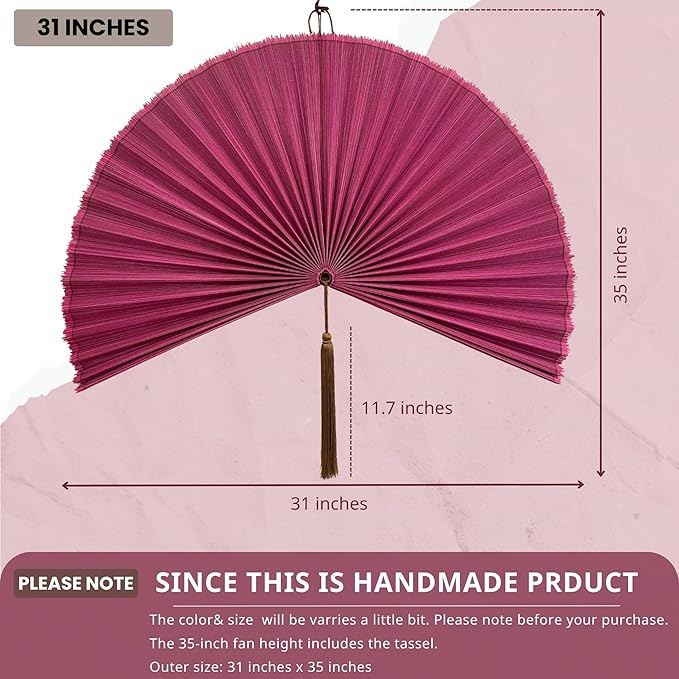 ChumDecor Fan Wall Decor,Large Bamboo Fan Wall Art for Boho Hanging Headboard,Decorative Folding Fan for Over Bed Decorations, (Pink, 31inch)