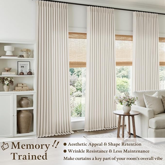 126 Inch Natural Linen Curtains Pinch Pleated for High Ceiling Living Room, Memory Trained Pinch Pleated with Back Tab Semi Sheer Light Filtering Privacy Luxury Cream Birch Window Drapes for Bedroom