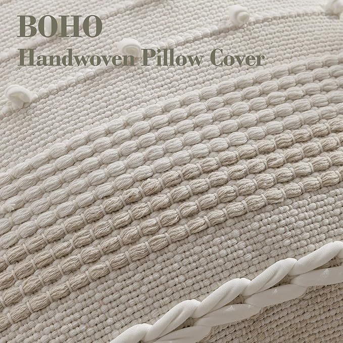 DEZENE Boho Pillow Cover 18x18 Beige - Handmade Woven Textured Throw Pillow Case with Cordings & Tassels, Decorative Accent for Couch Sofa Bed Farmhouse Living Room Bedroom Home Decor