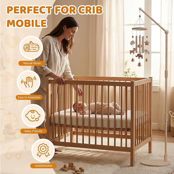Floor-Standing Crib Mobile Arm,44.5-61 Inches Adjustable Height Natural Beech Wood, Baby Mobile Holder Hanger for Crib/Bassinet/Playpen, Easy Assembly Unisex Nursery Decor