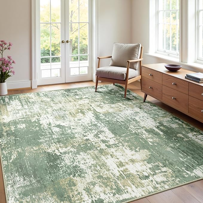 RELEANY Washable Area Rugs 4'x6' Non-Slip Modern Abstract Soft for Living Room Entryway Bedroom Nursery, Print Pattern, Light Green/Yellow