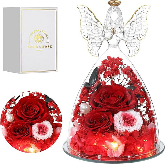Mothers Day Rose Gifts for Women Preserved Real Flower in Glass Angel Figurines Roses for Delivery Prime Birthday Gifts for Mom Grandma Girlfriend Wife Her,Red Pink Austin Roses