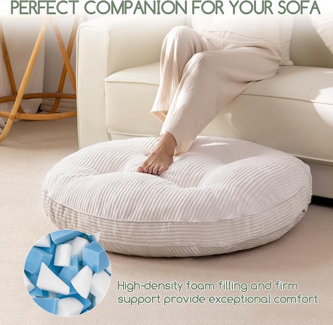 HIGOGOGO 35" Floor Pillow Cushion for Adults, Meditation Cushion Pillow, Extra Large Square Floor Sitting, Tufted Corduroy Cover for Tatami Living Room or Yoga, Beige