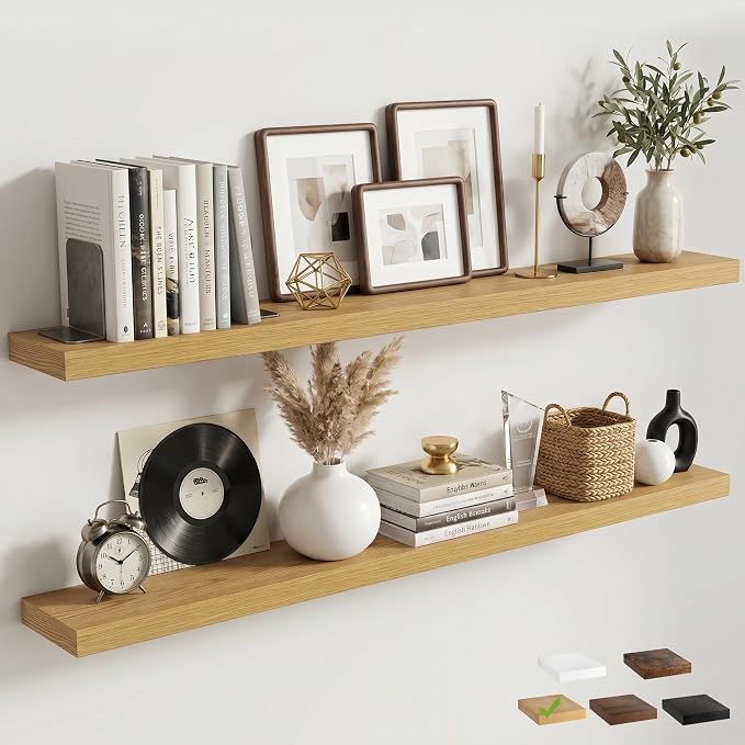 Venusmiles Floating Shelves for Wall, 55 Inch Floating Shelves Set of 2, 6.5" D Wooden Wall Mounted Display Shelves with Invisible Brackets for Living Room, Bedroom, Bathroom, Kitchen Decor, Oak