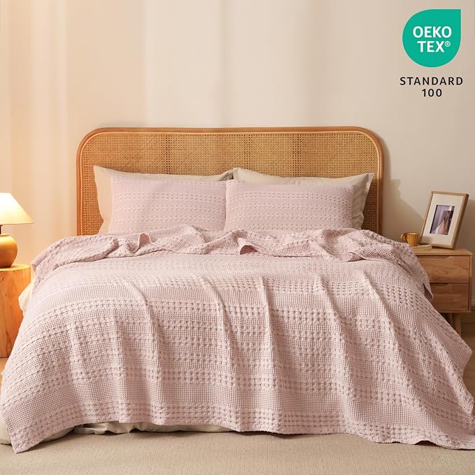 PHF 100% Cotton Waffle Blanket Queen Size for Bed, Lightweight Breathable and Soft for Summer, Luxury Aesthetic Waffle Weave Blanket for Home Decor & Gifts for Women, 90"x90", Pink/Mauve