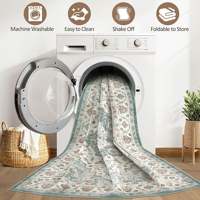 7x9 Area Rug Living Room: Washable Boho Large Neutral Vintage Soft Rug Stain Resistant Farmhouse Non-Slip Indoor Floor Carpet for Bedroom Nursery Kids Playroom Office Dining Room Home- Teal Brown