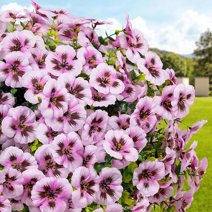 24 Pcs Artificial Fake Pansy Flowers for Outdoor,Faux Silk Plants Flowers UV Resistant Pansies Spring Flowers for Planter Front Door Porch Yard Patio garden Window Box Home Decor(Light Pink)