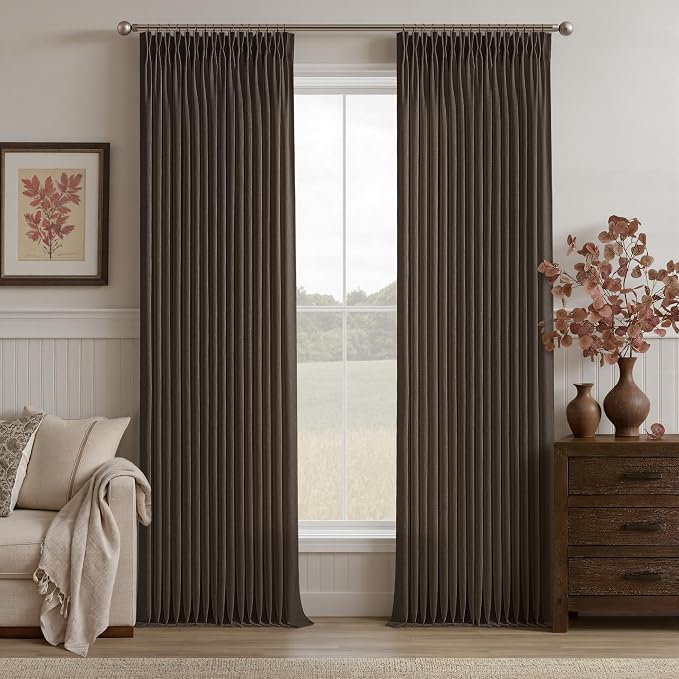 Dark Chocolate 90 Inch Pinch Pleated Linen Curtains 2 Panels Set for Living Room Bedroom Boho Farmhouse Light Filtering Semi Sheer Back Tab Pinch Pleat Hooks Rings Window Curtain 90 Inches Long
