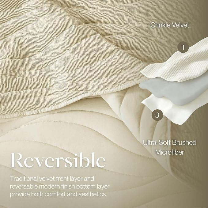DOWN HOME Crinkle Textured Velvet Quilt Set with Shams, All-Season Luxury Modern Bedding,Easy Care Comforter,Ultra-Soft,Lightweight & Breathable, Queen, Ivory White