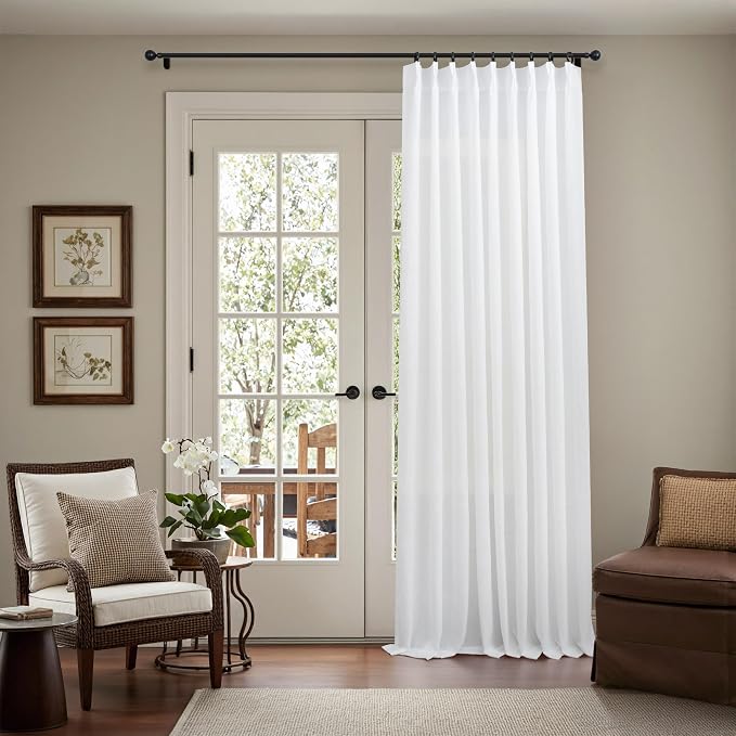 Pinch Pleat Extra Wide White Linen Curtains 84 Inches Long for Patio Sliding Glass Door 60 Inch Wide Pleated Drape Hooks Rings Semi Sheer 60x84 Curtain for Living Room Farmhouse Decor 2 Panel Back Tab