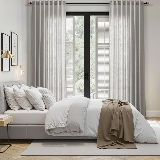 Nanspring Light Gray Linen Curtains 96 Inches Long for Living Room Light Filtering Semi Sheer Curtain Back Tab Rod Pocket Textured Luxury Grey Simple Modern Drapes for Bedroom 52x96, 2 Panels