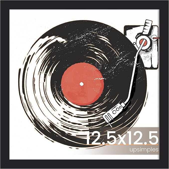 upsimples Vinyl Record Frame, Display Pictures 10x10 with Mat or 12.5 x 12.5 Without, Wall Hanging Album Cover Frames, Black, 1 Pack