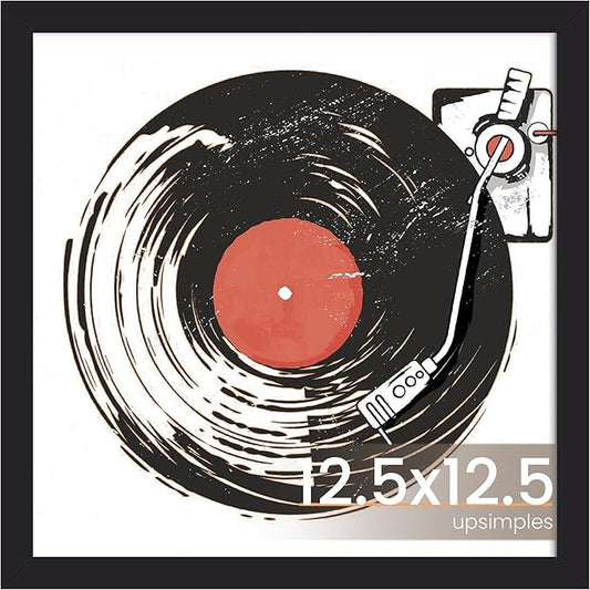 upsimples Vinyl Record Frame, Display Pictures 10x10 with Mat or 12.5 x 12.5 Without, Wall Hanging Album Cover Frames, Black, 1 Pack