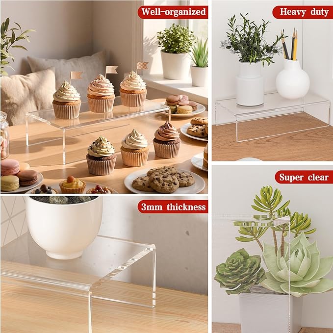 Sezanrpt Acrylic Shelf Riser 8x4.3x2 pack of 2, Clear Display Shelf 12” for Shoes, Glasses, Plants, Home Decors, Perfume, 8x4.3x2 Inch