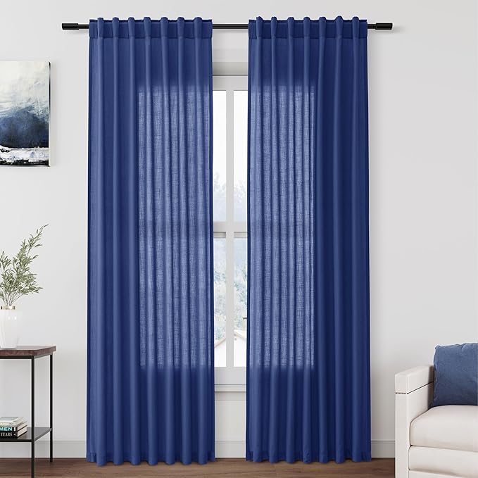 Classic Blue Linen Curtains 84 Inch Length 2 Panels Set for Living Room Rod Pocket Back Tab Light Filtering Window Drapes for Bedroom Dining Room Protect Privacy Modern Farmhouse Decor 52x84