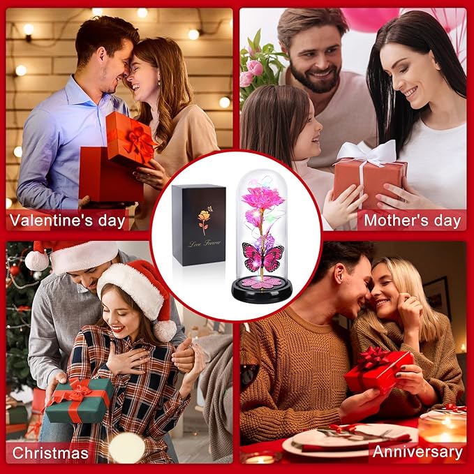 Mothers Day Rose Gifts for Mom Birthday Gift, Rechargeable Galaxy Glass Rose in Glass Dome Crystal Roses Butterfly Anniversary Mother's Day Flowers Gifts for Women Mom Wife Grandma Daughter, Pink