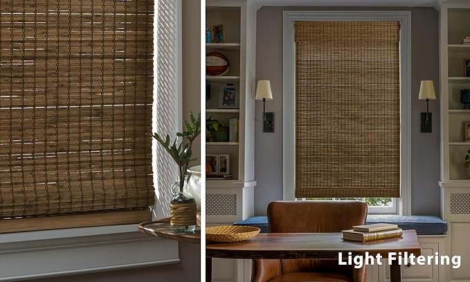 LazBlinds No Tools No Drill Cordless Bamboo Roman Shades, Light Filtering Window Treatment, Roll Up Bamboo Blinds for Windows 46'' W x 64'' H, Eastfield Teak