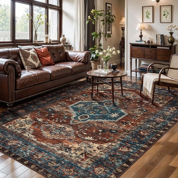 Tangsoo 6x9 Area Rug Washable Rugs for Living Room, Oriental Indoor Non Slip Large Area Rugs, Vintage Print Carpet, Soft Low Pile Foldable Floor Rug for Bedroom Dining Room Dorm