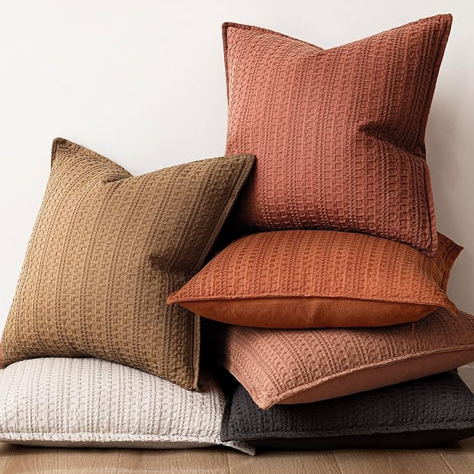 Foindtower Set of 2 Decorative Cotton Waffle Weave Throw Pillow Covers Euro Sham Cushion Covers Accent European Pillowcase For Bed Couch Sofa Bedroom Living Room Home Decor 24×24 Inch Fall Rust Orange