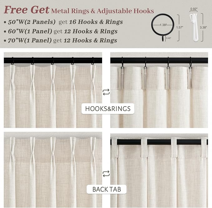 Birch Extra Long 120 Inch High Ceiling Curtains for Sliding Glass Doors 2 Panels Set, Memory Trained Pinch Pleated Linen Heavy Curtain Light Filtering Semi Sheer Rustic Viral Window Drapes 10FT Length