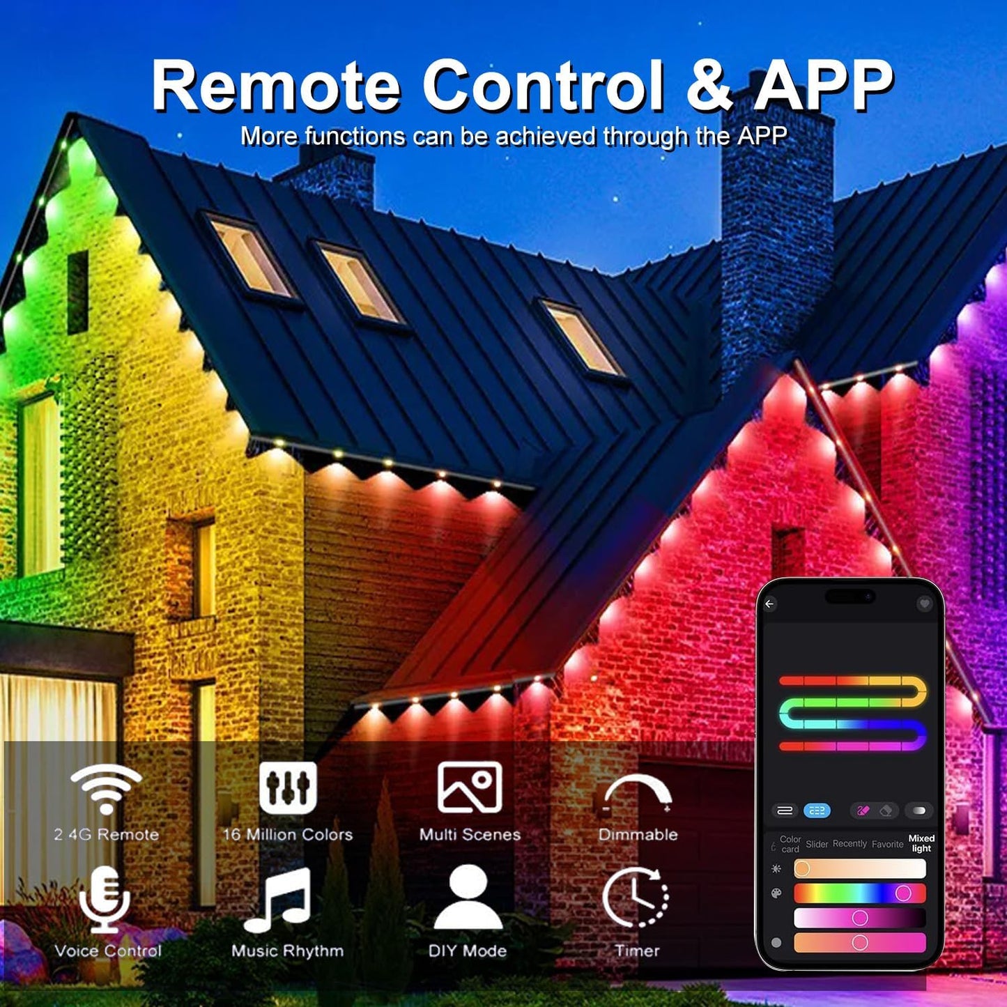 Permanent Outdoor Lights,Intelligent RGB+IC Outdoor Lights with a Wide Range of Scene Modes, IP67 Waterproof, Patio, Eave, Outdoor Decorations,with App/Remote Control (50FT)