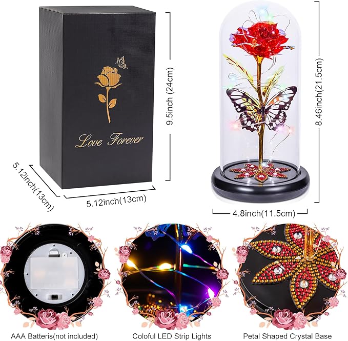 Mothers Day Flowers Gifts for Mom Women Birthday Gift, Galaxy Glass Rose Forever Eternal Crystal Flowers Rose in Glass Dome with Butterfly Mother's Day Roses Gifts for Mom Daughter Wife Grandma Red