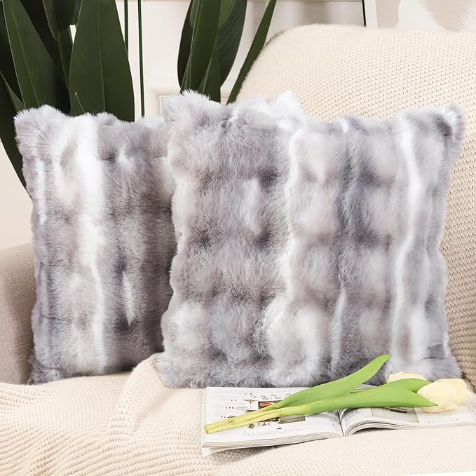 MADIZZ Pack of 2 Thick Plush Faux Wool Throw Pillow Covers Soft Boho Throw Pillows Luxurious Cushion Covers for Couch Sofa Bedroom Living Room Home Decor 16x16 Inch White Grey
