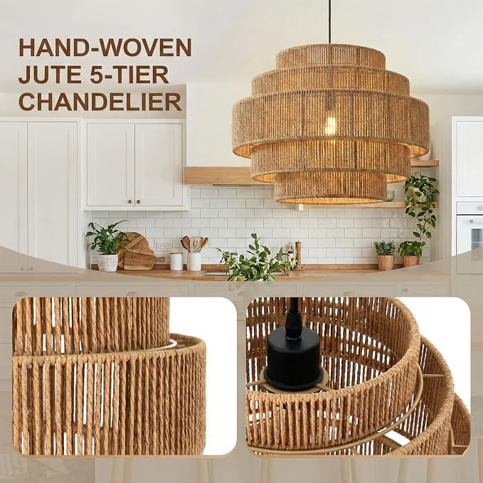 5-Tier Boho Rattan Chandelier Light Fixture, 13” Hand Woven Hemp Rope Pendant Light, Large Farmhouse Hanging Lamp for Dining Room, Kitchen Island, Bedroom, Living Room, Entryway, Foyer, Coastal Decor