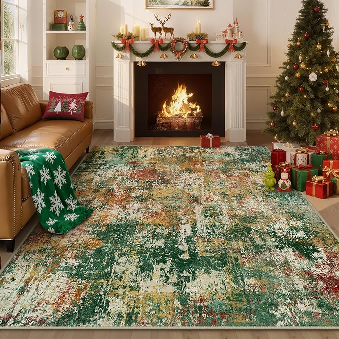 RELEANY Washable Area Rugs 5'x7' Non-Slip Modern Abstract Soft for Living Room Entryway Bedroom Nursery, Print Pattern, Green Orange Rust Red Cream Colorful