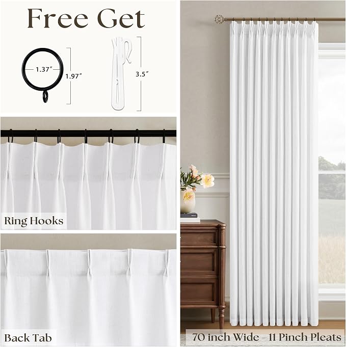 Snow White 84 Inches Long 70 Inch Wide Curtains for Living Room Light Filtering Semi Sheer Modern Farmhouse Pleated Curtain Back Tab for Patio Sliding Door Dining Room Large Window 1 Panel 70x84