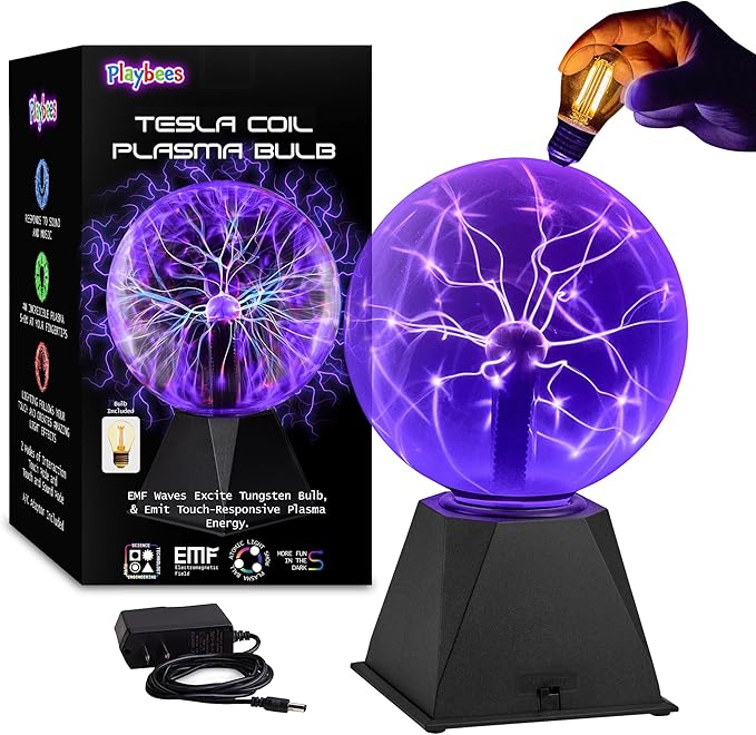 Playbees Purple Plasma Ball - 7 Inch - Tesla Coil Bulb Static Electricity in a Vacuum Pressurized Glass Globe, Nebula, Thunder Lightning, Plug-in - for Parties, Decorations, Prop, STEM