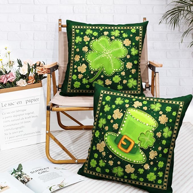 Saint Patricks Day Outdoor Pillow Covers Green Plaid Shamrock Pillow Cases 22x22 Set of 2 Lucky Charm Clover Hat Cushion Cases for Home Sofa Couch St Patricks Day Decor