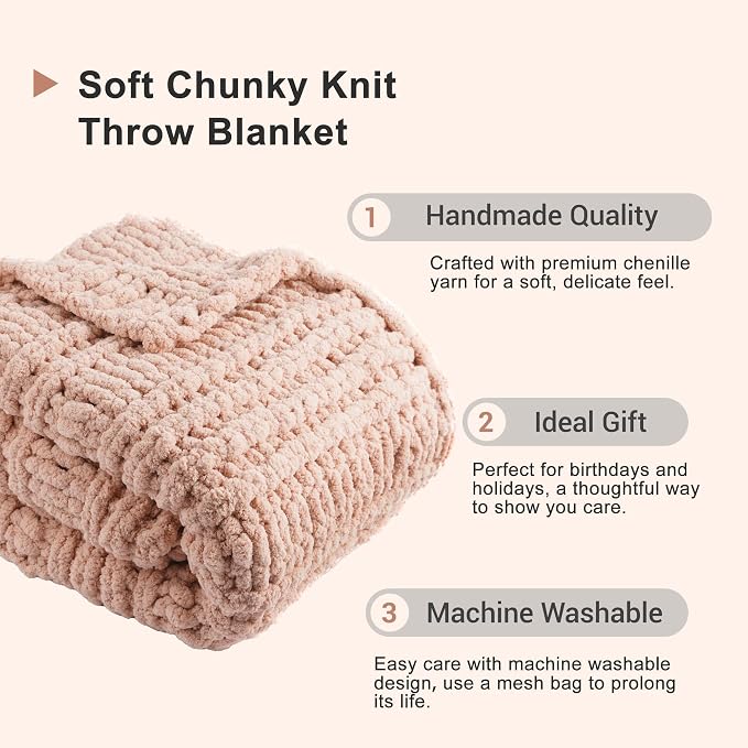 Battilo Chunky Knit Throw Blanket for Couch, 50"x60", Pink | Hand Knit, Gift Blanket for Girls, Women, Cozy Warm Thick Soft Chenille Throw Blanket for Chair, Sofa, Living Room
