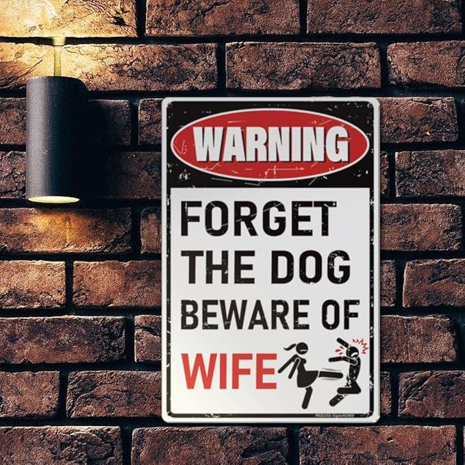 Vintage Man Cave Decor Signs – 'FORGET THE DOG BEWARE OF WIFE' | 12x8″ Funny Metal Sign for ManCave, Garage, or Workshop Wall Decor – Man Cave Accessories & Gifts for Men, 2360