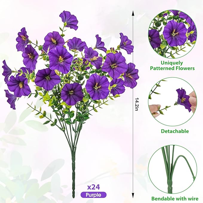 Ouddy Decor 24 Bundles Artificial Flowers for Outdoors, Fake Petunias Flowers Silk Morning Glory with Eucalyptus Faux Plants for Indoor Outside Spring Summer Yard Garden Porch Home Decor, Purple