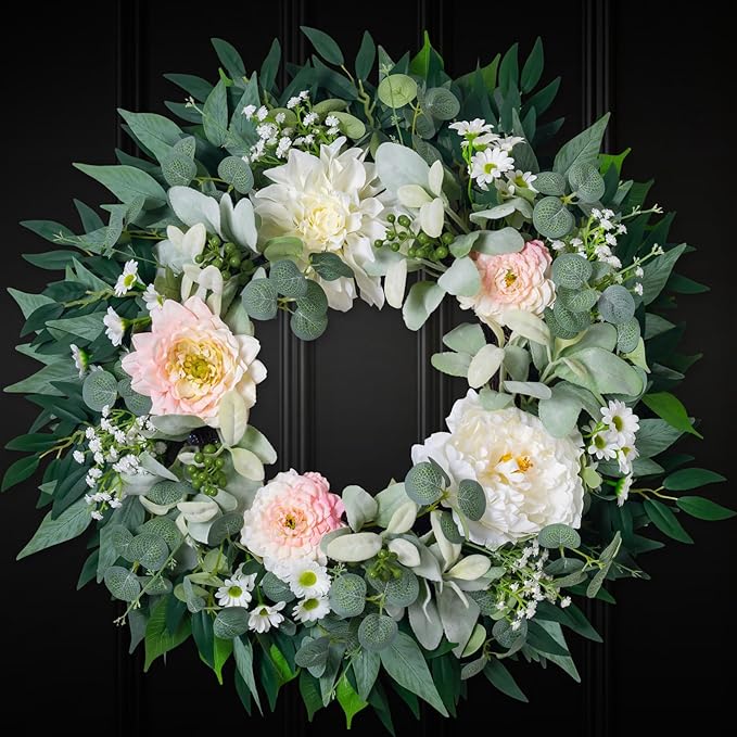 Spring Summer Wreath for Front Door, 22" Artificial Silk Peony Eucalyptus Floral Wreaths for Indoor Outdoor, Farmhouse Greenery Home Decor for Holiday Housewarming