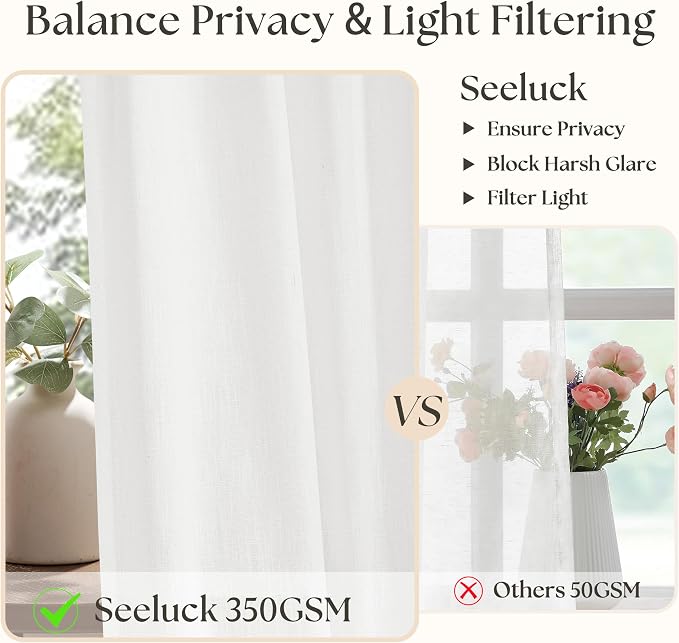 Off White Pinch Pleated Semi Sheer Linen Curtains 86 Inch Long | 86 Inch Length, Ivory, Light Filtering, Privacy, Bedroom, Office, Burlap Textured, Memory Shape, Hook Rings, Boho, Modern