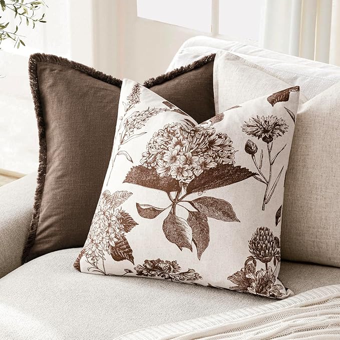 Foindtower Set of 2 Linen Floral Throw Pillow Covers Vintage Accent Print Decorative Cushion Covers Farmhouse Boho Home Decor for Sofa Chair Couch Bedroom Living Room,22×22 Inch,Dark Brown