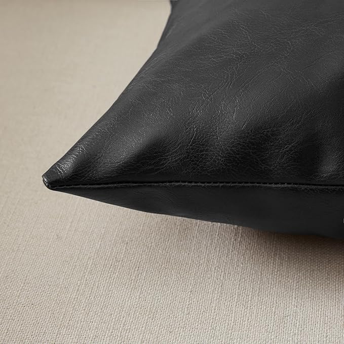 Fancy Homi Black Faux Leather Boho Lumbar Decorative Throw Pillow Covers 12x20 Inch, Thick Modern Solid Cushion Case Set 30x50 cm for Couch Sofa Bedroom Living Room, Rustic Modern Farmhouse Home Decor