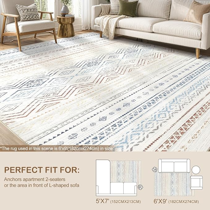 Tortania Area Rug Living Room Rugs- 5x7 Washable Large Soft Neutral Boho Moroccan Bohemian Farmhouse Rug Indoor Floor Carpet for Bedroom Under Dining Table Home Office Decor - Multicolor