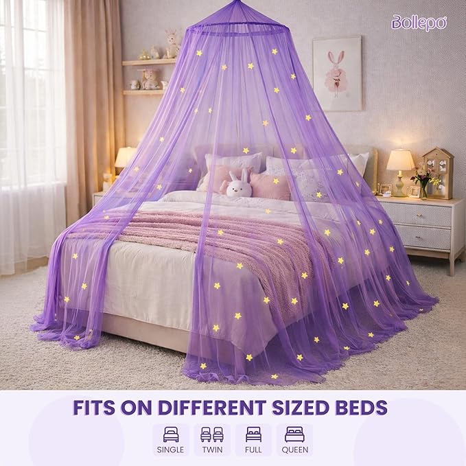 Bollepo Purple Bed Canopy for Girls with Glowing Stars - Princess Netting Room Decor, Ceiling Tent to Cover Toddler | Single, Twin, Full, Queen Size Kids Bed, Fire Retardant Fabric