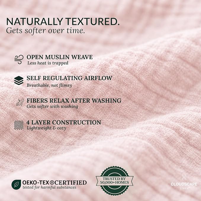 CLOUDSCAPE 4 Layer Muslin Blanket for Adults - 100% Cotton Throw Blanket, 50"x70" Oversized Gauze Throw for Sofa, Couch -Soft Lightweight Breathable Muslin Cotton Comforter for Summer - Seashell Pink
